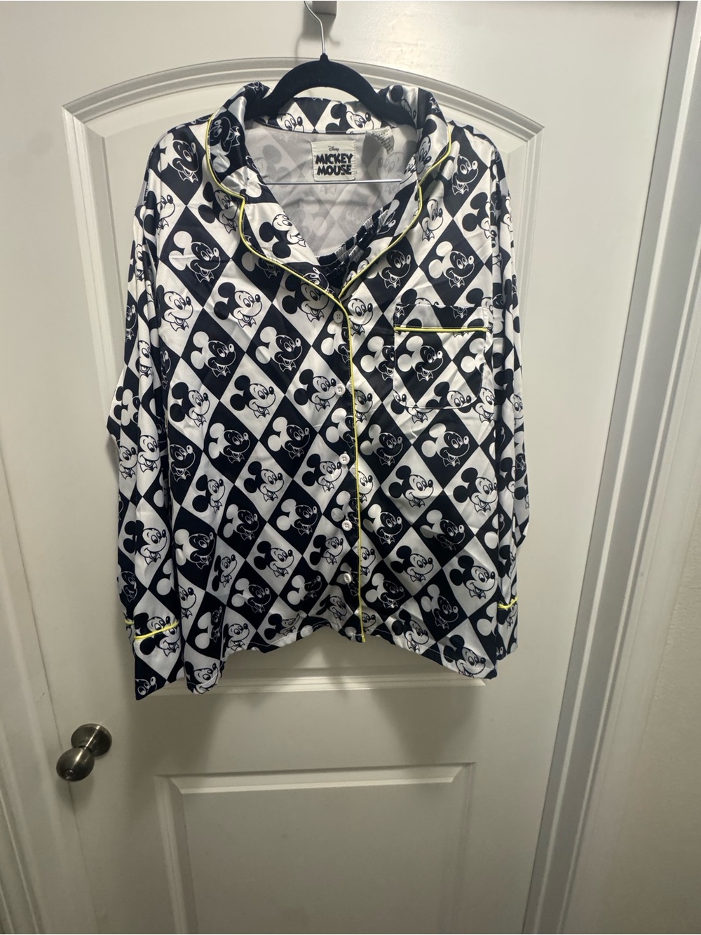 Disney Black and White Mickey Mouse Print Satin Pajama Top with Yellow Trim - Picture 3 of 6